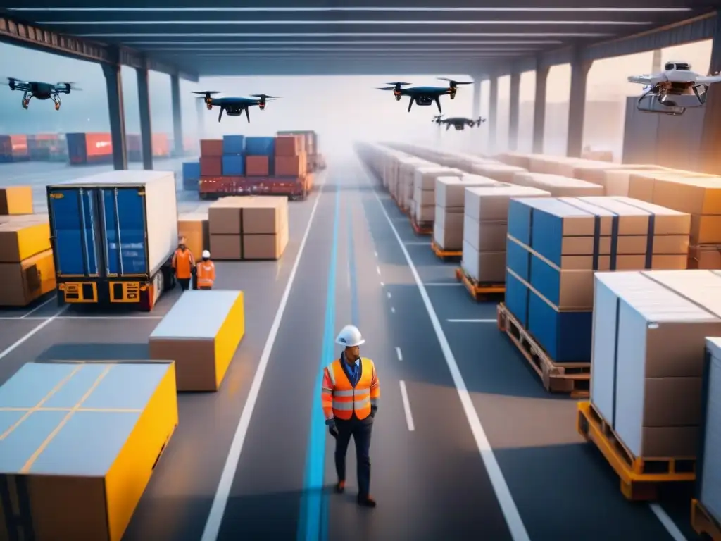 Hub logístico innovador: drones y robots optimizan la gestión Vibrante escena de logística emergente con drones y robots, integrando AI