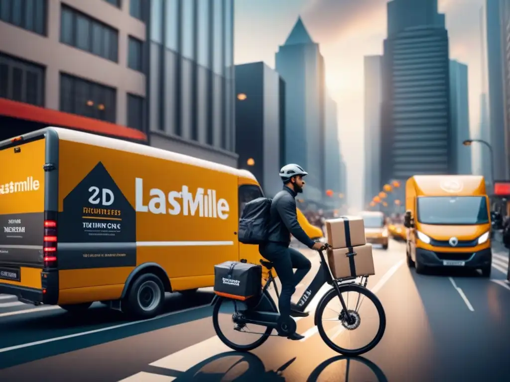 Escena urbana: logística lastmile en acción Vibrante escena urbana con delivery trucks, bicicletas cargadas y peatones, reflejando estrategias flexibles última milla transporte
