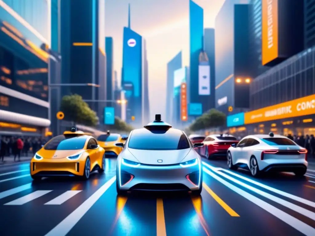 Metrópolis futurista: vehículos autónomos en la ciudad inteligente Vibrante escena urbana futurista con vehículos autónomos y drones de entrega, reflejando la innovación de las startups en logística y transporte