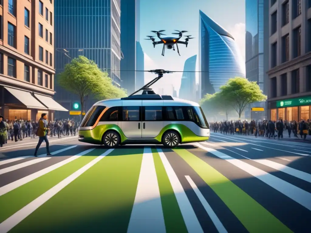 Paisaje urbano futurista: coexistencia sostenible de transporte Vibrante escena urbana multimodal con tecnologías de transporte del futuro en armonía