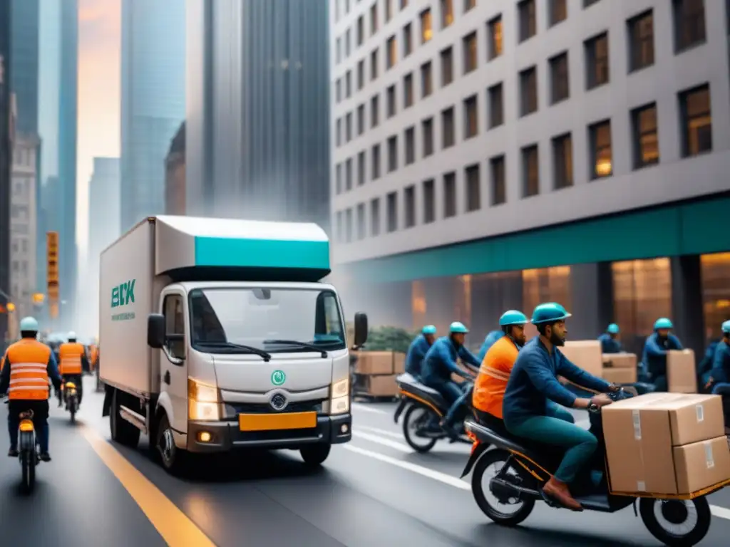 Blockchain en la última milla: Eficiencia urbana Un vibrante escenario urbano con entrega de paquetes, bicicletas y blockchain en la última milla