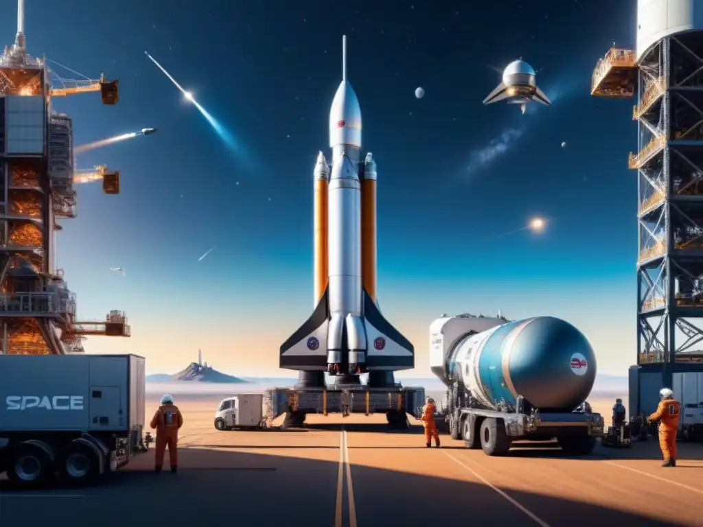 Spaceport activo: lanzamiento de cohetes y carga espacial Vibrante logística espacial impacta industrias terrestres en bullicioso puerto espacial con preparativos de lanzamiento y carga en naves