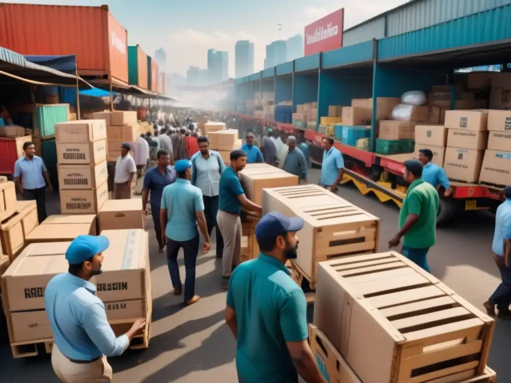 Mercado bullicioso: logística en acción en mercado emergente Vibrante mercado emergente: caos organizado en logística con trabajadores de diversas edades y fondos descargando camiones