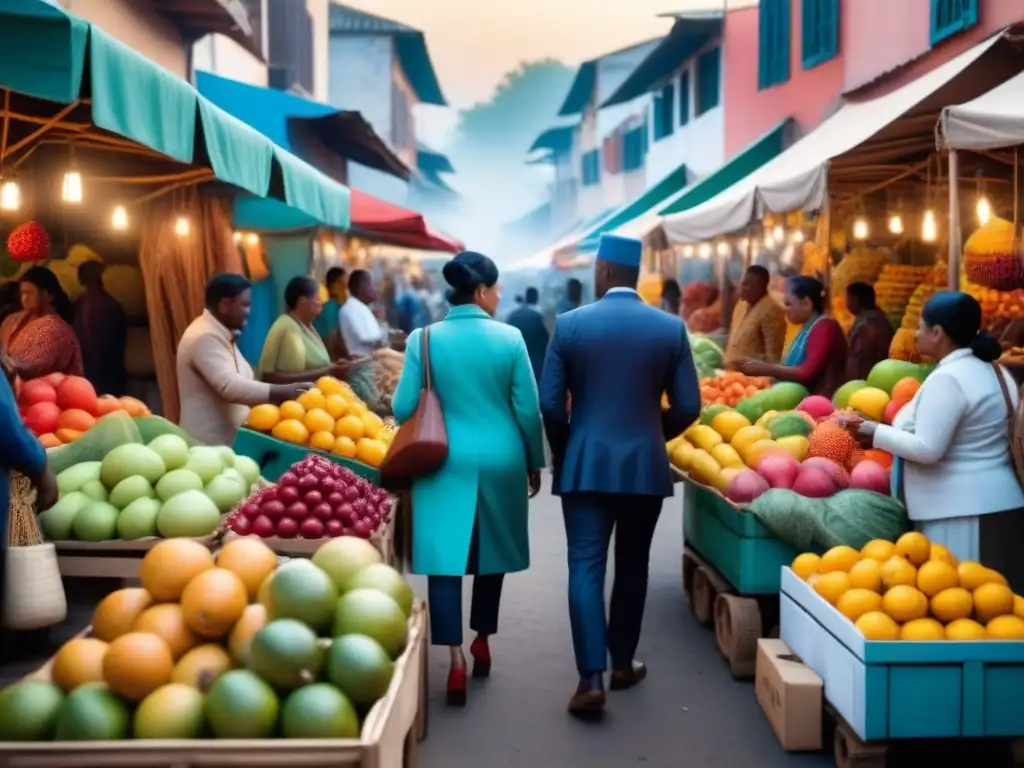 Mercado vibrante: diversidad y emprendimiento en mercados emergentes Un vibrante mercado en un mercado emergente, con diversidad de vendedores y frutas coloridas