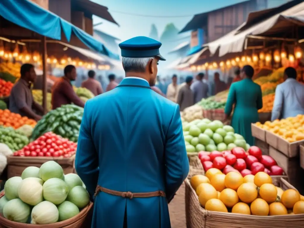 Mercado vibrante: frutas y verduras coloridas en un país en desarrollo Un vibrante mercado en un país en desarrollo con soluciones innovadoras en logística emergente