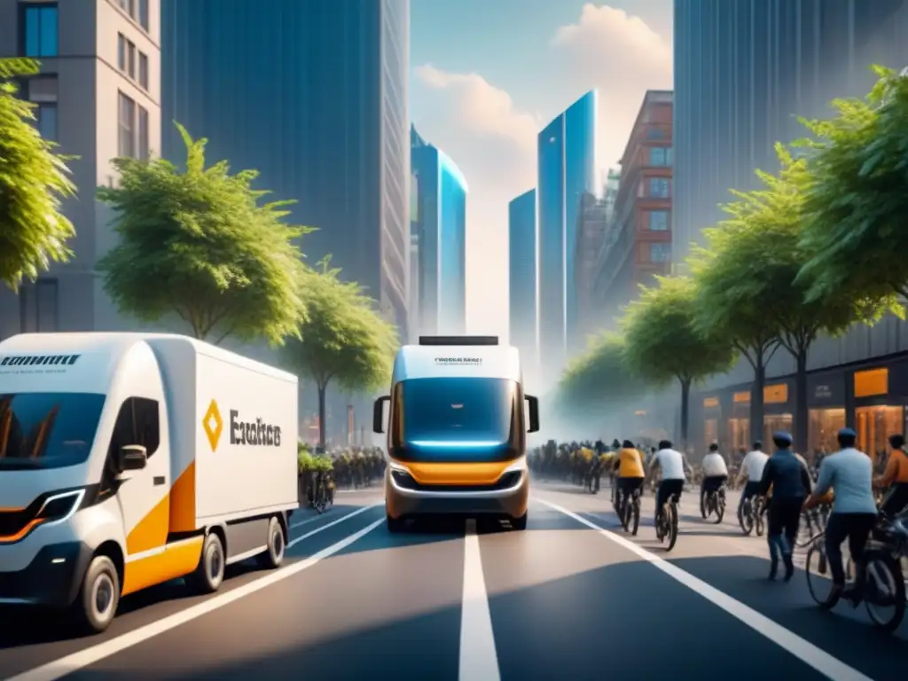 Visión futurista: Calles eco amigables con camiones eléctricos y packaging compostable Un vibrante paisaje urbano del futuro con innovaciones en compostabilidad, empaquetado y transporte sostenible