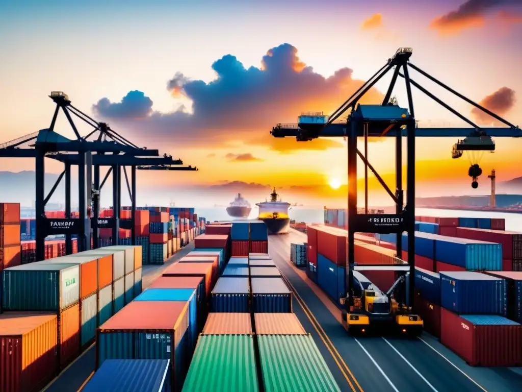 Puerto de carga dinámico: contenedores en movimiento al amanecer Un vibrante puerto de carga en Asia con contenedores moviéndose al amanecer, reflejando la innovación logística para cadena suministro