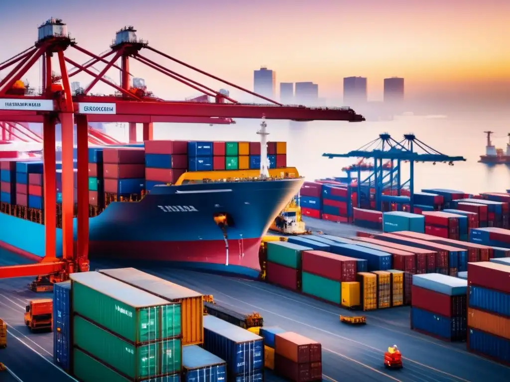 Puerto de Comercio Internacional: Fusión de Tradición y Tecnología AI Vibrante puerto comercial con IA en transporte y logística, fusionando trabajo manual y tecnología avanzada