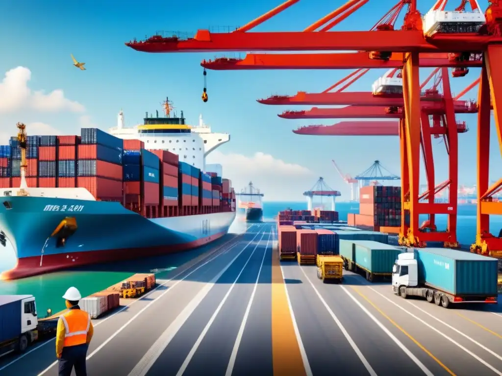 Puerto internacional: comercio global en acción Un vibrante puerto de comercio internacional con beneficios de acuerdos comerciales, estrategia de exportación y diversidad profesional