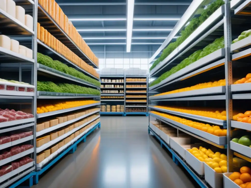Almacén refrigerado de alta tecnología: eficiencia y orden Vibrante almacén refrigerado con IA en cadena de frío: productos frescos y robotización ordenada