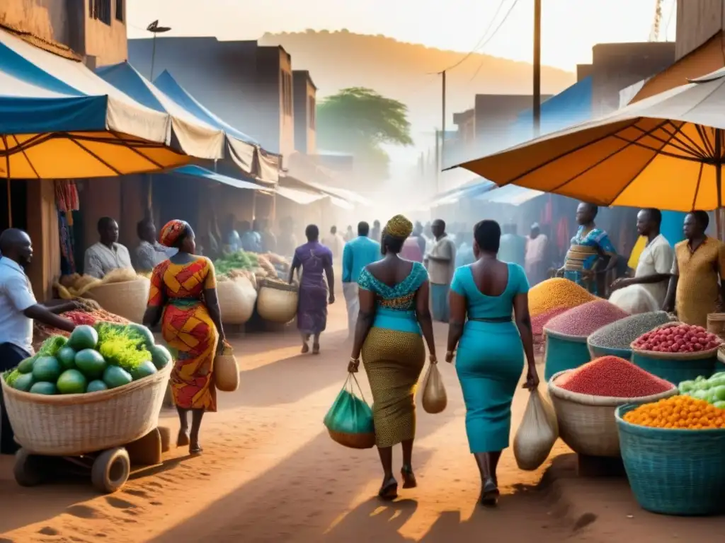 Mercado africano: colores, cultura y vida en movimiento La vida bulliciosa de un mercado africano lleno de colores y comerciantes locales, reflejando la logística innovadora en África