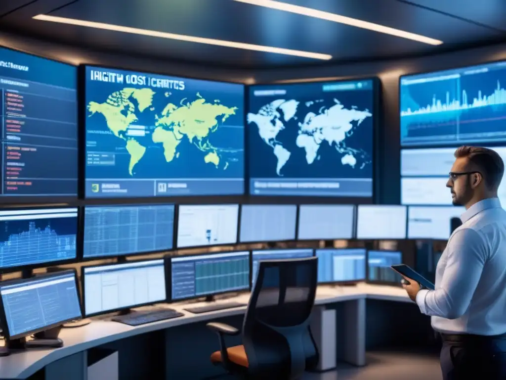 Vigilancia intensa en sala de control logística con tecnología avanzada para prevenir ciberataques en logística: prevención eficaz