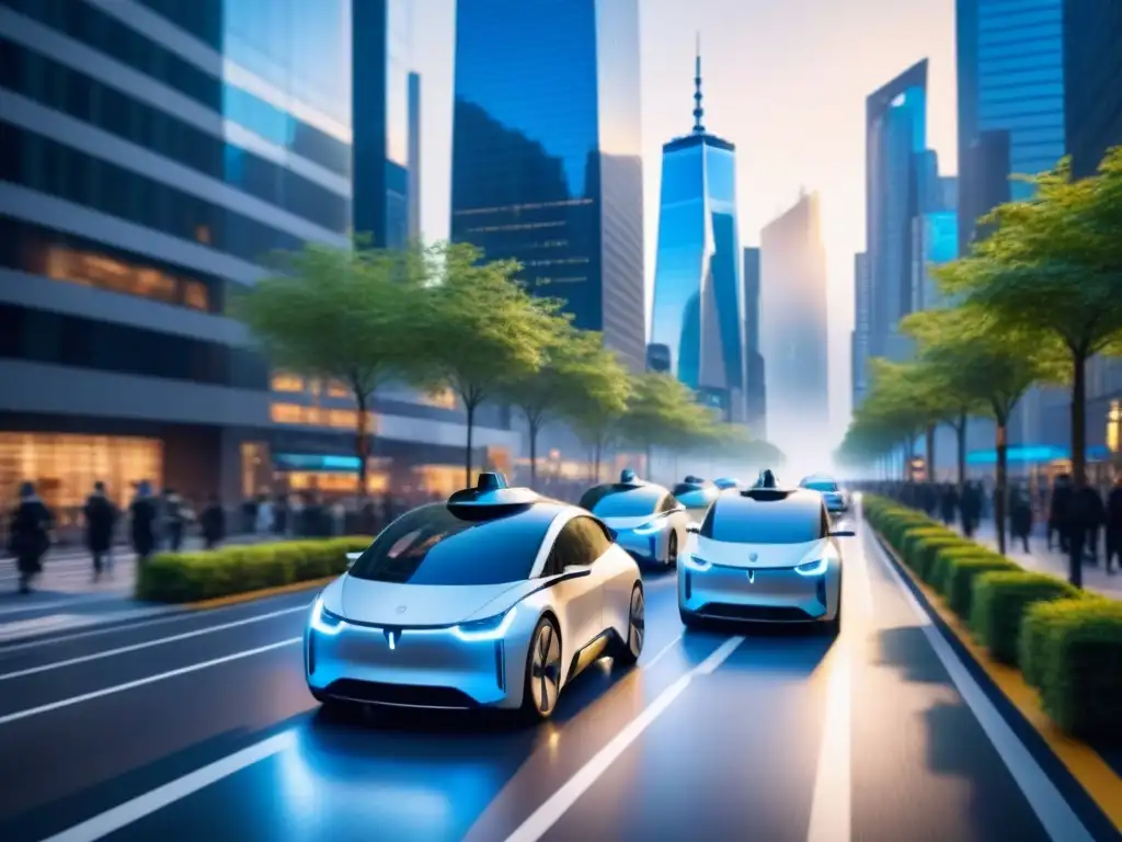Visión futurista de ciudad sostenible con vehículos autónomos eléctricos Una visión futurista de una ciudad llena de vehículos autónomos eléctricos eficiencia energética entre rascacielos y vegetación