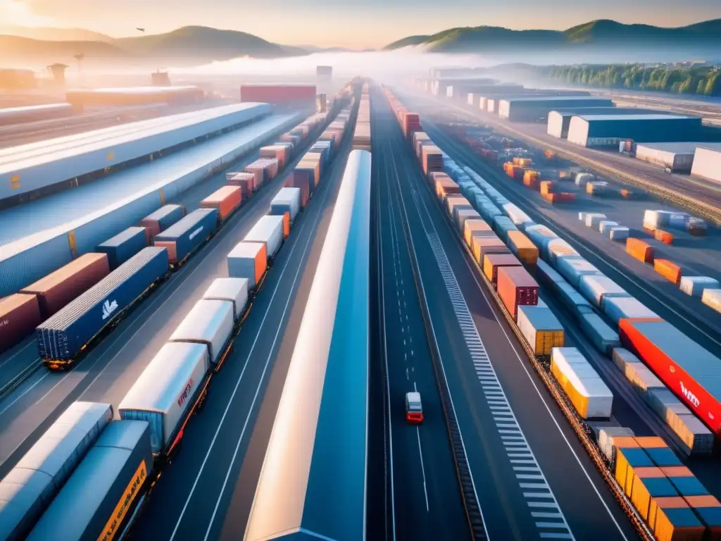 Centro logístico multimodal: armonía de transporte Una vista aérea de un animado centro logístico multimodal, destacando la eficiente gestión logística multimodal