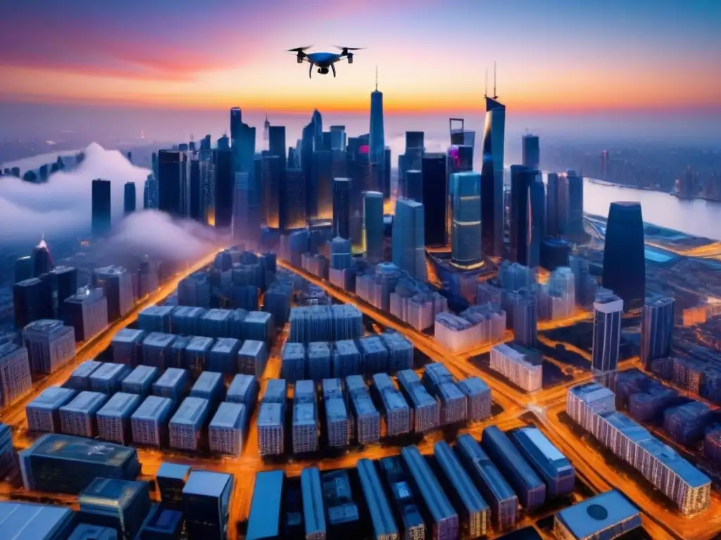 Metropolis al atardecer: drones en vuelo sobre la ciudad Vista aérea al atardecer de una ciudad con drones cumpliendo regulaciones para operar de forma eficiente