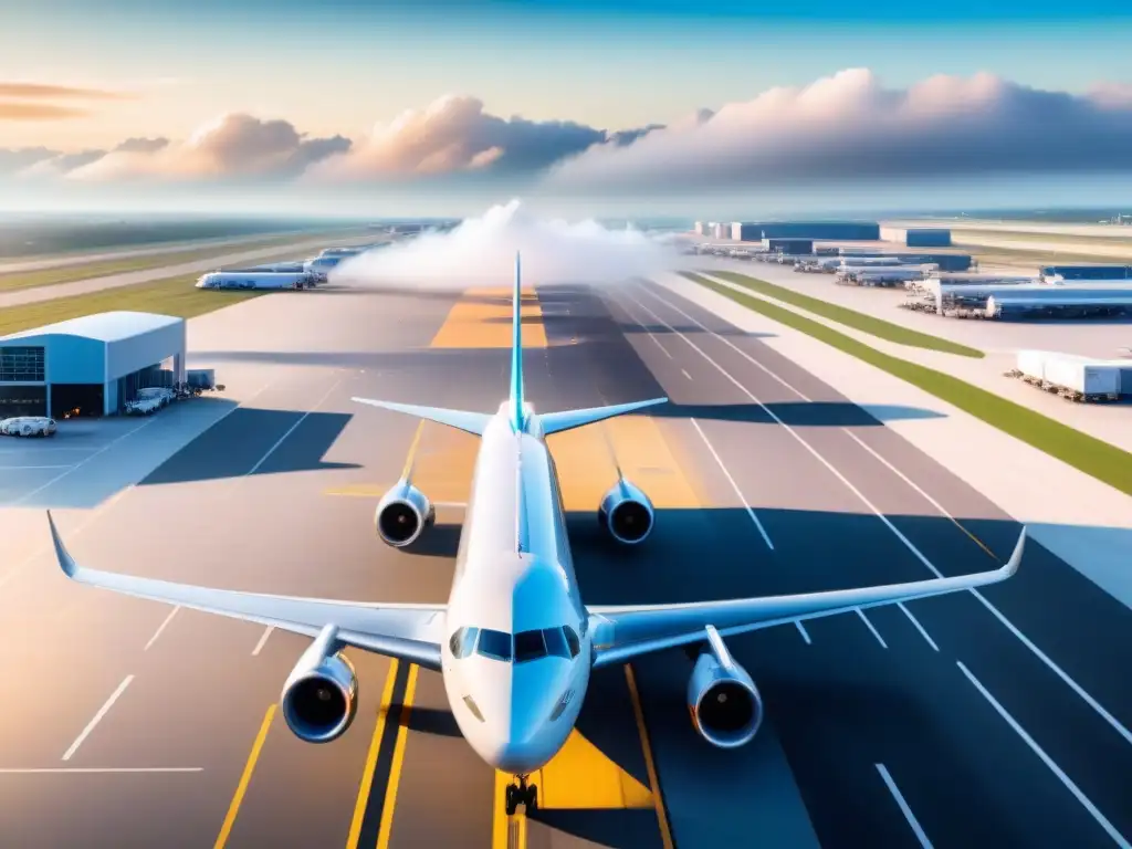 Vista aérea del aeropuerto: caos organizado en la pista Vista aérea de un bullicioso aeropuerto con aviones despegando y aterrizando, resaltando la normativa de seguridad en el transporte aéreo