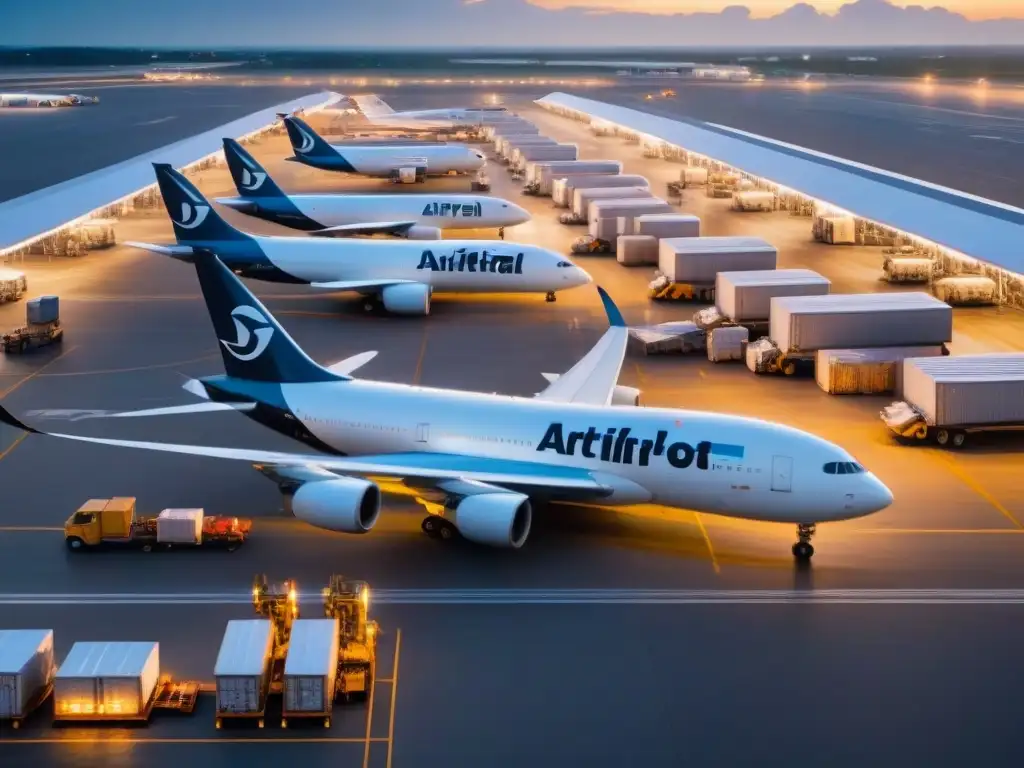Aeropuerto de carga nocturno: caos eficiente bajo inteligencia artificial Vista aérea de un bullicioso aeropuerto de carga de noche, aviones alineados en la pista con luces de navegación creando un patrón hipnótico