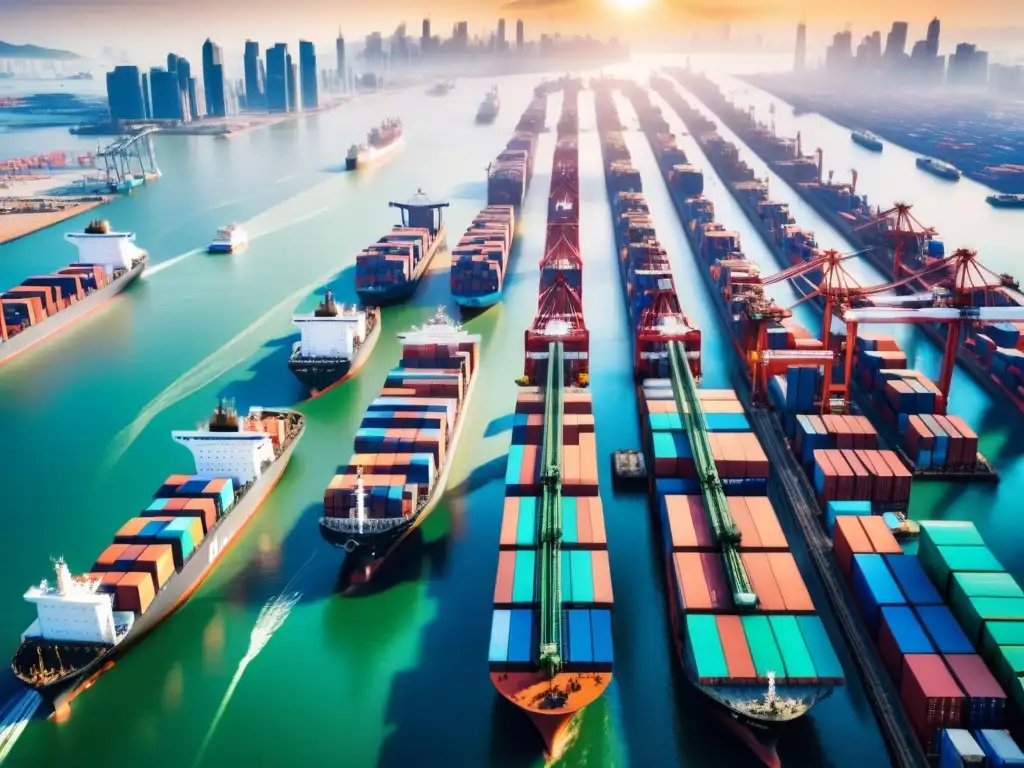 Vibrante puerto asiático: impacto del transporte marítimo en la ciudad Vista aérea de un bullicioso puerto asiático, con barcos cargando y descargando