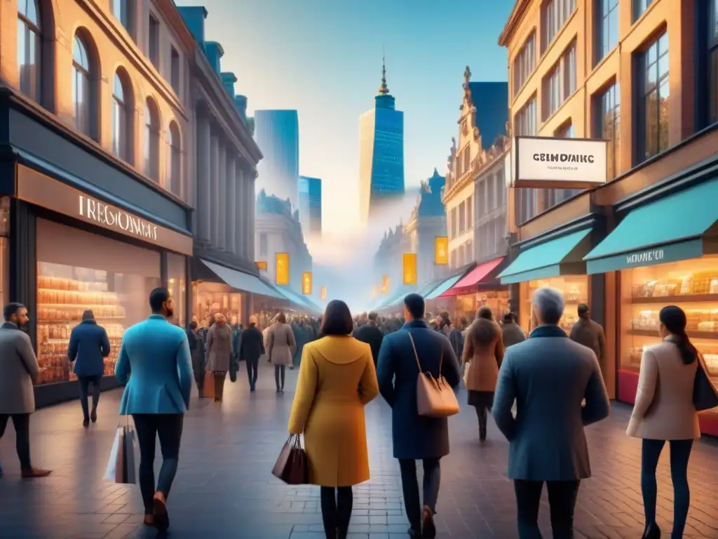 Escena urbana: compras personalizadas con IA Vista aérea de calle con IA en personalización de compras: consumidores interactúan con tecnología en tiendas tradicionales y futuristas