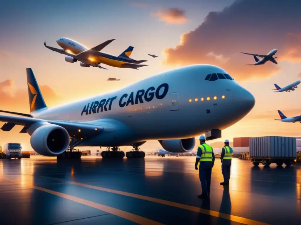 'Vista aérea de cargamento en aeropuerto al anochecer, resaltando el costo seguridad carga aérea con aviones y personal'