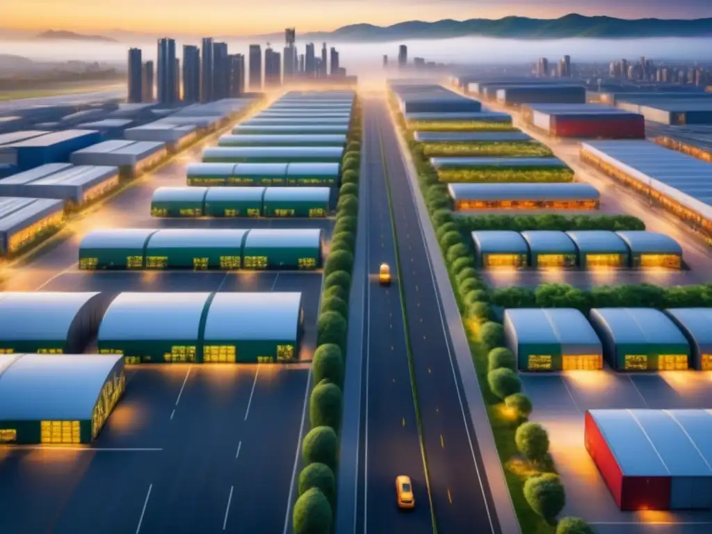 Red logística sostenible: centros urbanos y naturaleza Vista aérea de centros logísticos integrados con espacios verdes y rutas eficientes, simbolizando la eficiencia en entregas de startups de logística