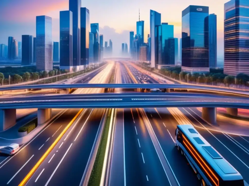 Intersección de ciudad activa con flujo vehicular eficiente Vista aérea de una ciudad activa con tráfico fluido, gestionado por sistemas de Gestión de flotas en tiempo real