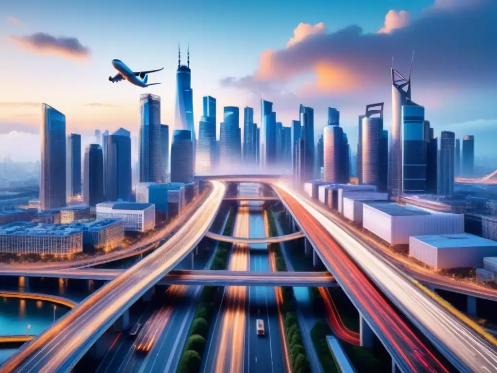 Red logística urbana: eficiencia con Big Data Vista aérea de ciudad con eficiente red de transporte y Big Data