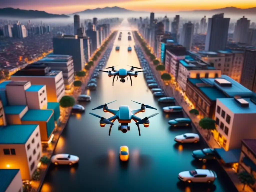 Avance tecnológico: drones entregando en ciudad latinoamericana Vista aérea de una ciudad en Latinoamérica con entregas con drones, fusionando lo moderno con lo tradicional
