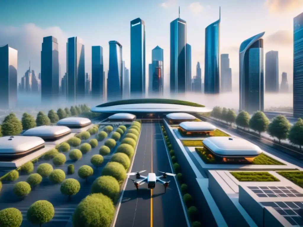 Metrópolis futurista: drones entregando paquetes entre rascacielos Vista aérea de una ciudad futurista con drones optimizando eficientemente el transporte logístico entre rascacielos