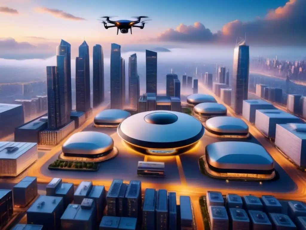 Red de drones: Futuro logístico urbano Vista aérea de una ciudad futurista con estaciones de entrega de drones, fusionando tecnología avanzada con infraestructura logística