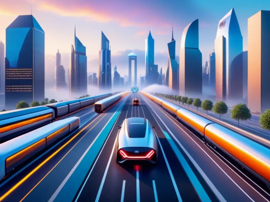 Metrópolis futurista: logística innovadora y eficiente Vista aérea detallada de ciudad futurista con innovadoras startups en transporte