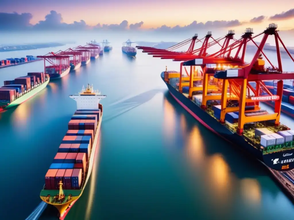 Puerto industrial al amanecer: eficiencia logística en el mar Vista aérea detallada de un puerto industrial bullicioso al amanecer, con barcos de carga y grúas automáticas, contenedores y mar en calma
