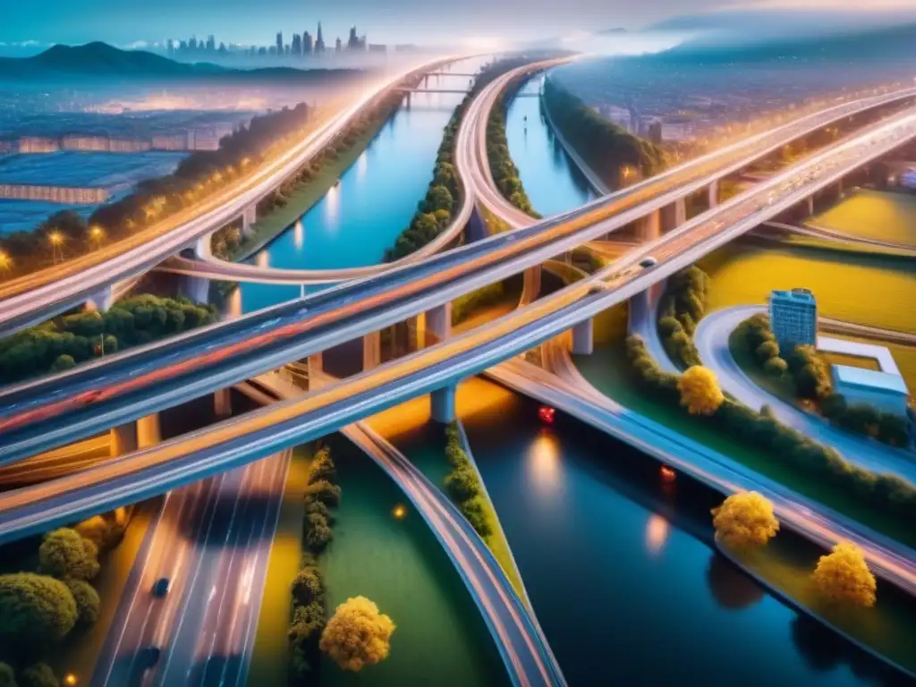 Red de carreteras eficientes: optimización con Big Data Vista aérea de eficiente red vial y vehículos