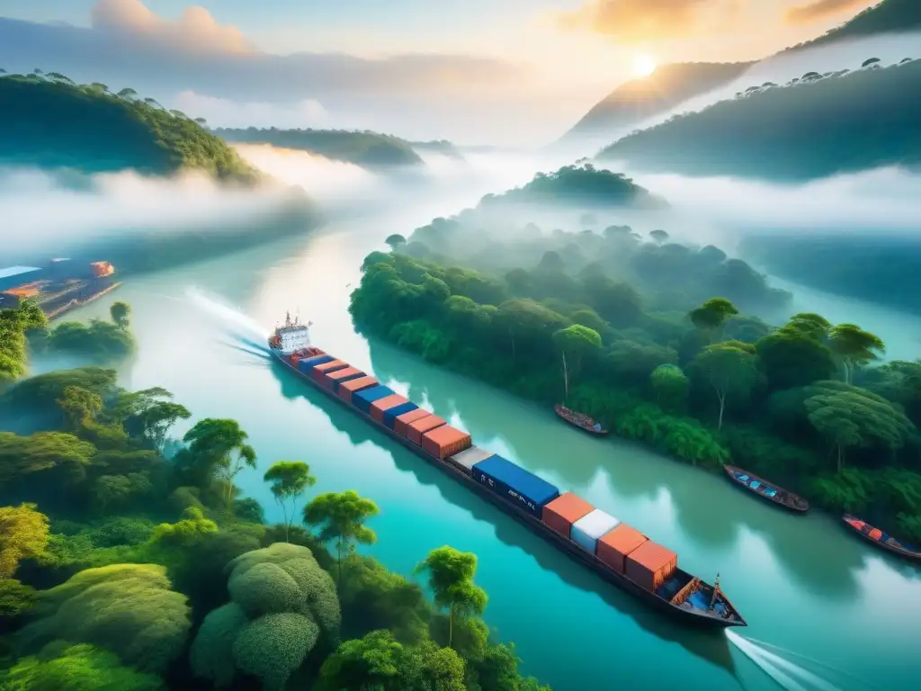 Vista aérea impresionante de un puerto fluvial en la jungla Una vista aérea impresionante de un bullicioso puerto fluvial en lo profundo de la exuberante jungla