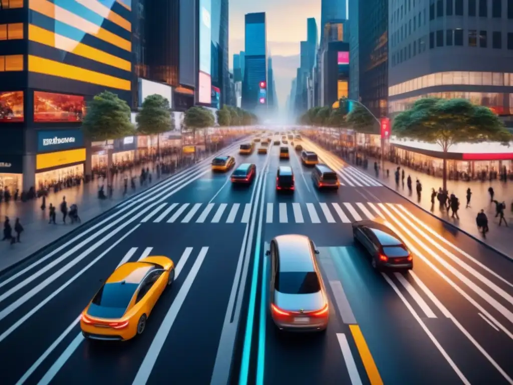 Vista aérea de una intersección urbana bulliciosa con vehículos, bicicletas y peatones moviéndose en armonía