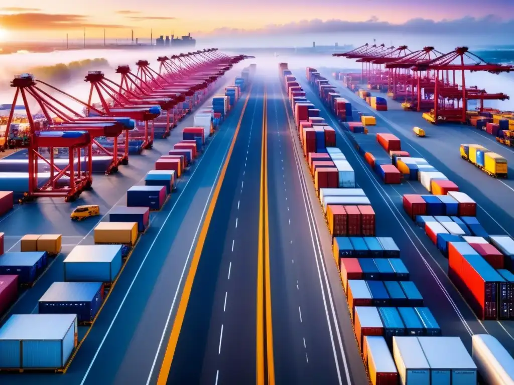 Centro logístico global: innovación y adaptabilidad Vista aérea panorámica de una bulliciosa cadena de suministro global, resaltando la resiliencia e innovación en operaciones modernas