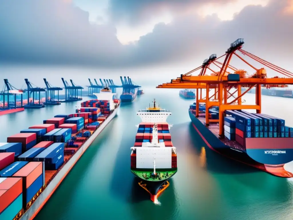 Operación portuaria inteligente: Big Data optimiza logística Vista aérea panorámica del puerto con cargueros y grúas automáticas, datos de logística Big Data en tiempo real