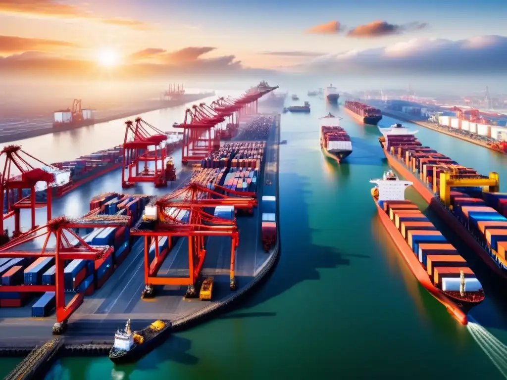 Puerto de comercio internacional: escala y eficiencia global Vista aérea de puerto comercial, con barcos cargueros, contenedores, camiones y trabajadores