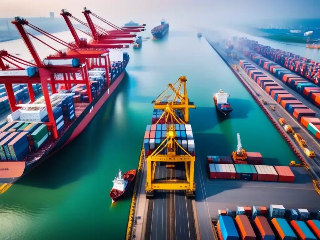 Logística portuaria: IA revoluciona el comercio Vista aérea de un puerto en país en desarrollo con IA en logística mercados emergentes