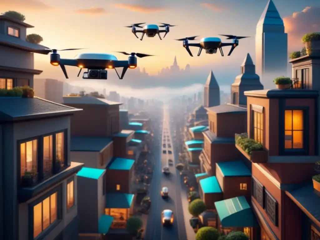Entrega futurista: Drones surcan el cielo de una ciudad vibrante Una vista aérea de alta resolución de una ciudad bulliciosa con drones entregando paquetes, simbolizando la tecnología en entregas de paquetes