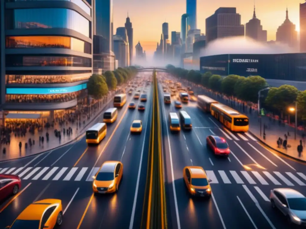 Intersección urbana caótica: AI para seguridad vial Vista aérea de intersección urbana caótica en hora pico con vehículos y peatones, resaltando la importancia de la Prevención accidentes transporte IA