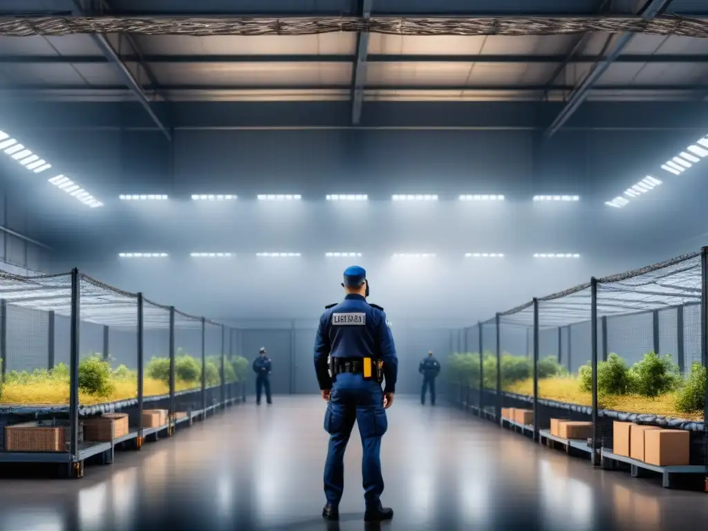 Complejo logístico ultra seguro: cámaras, guardias y cercas Vista detallada de instalación logística segura con múltiples medidas de seguridad