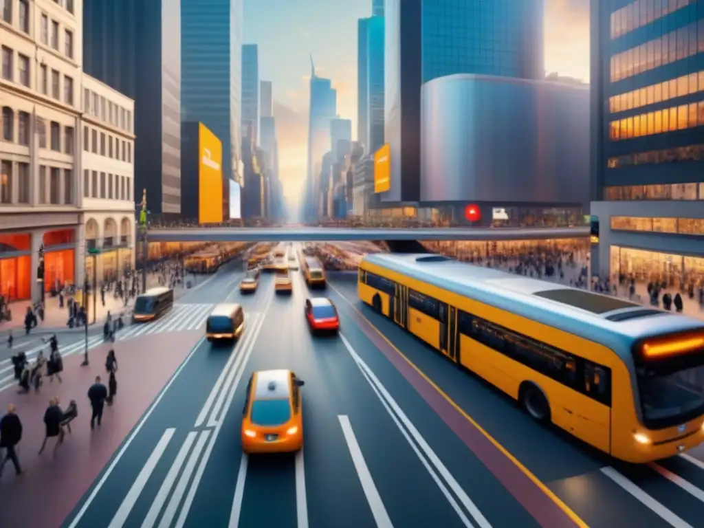 Vista dinámica de una intersección urbana, destacando la complejidad del transporte multimodal