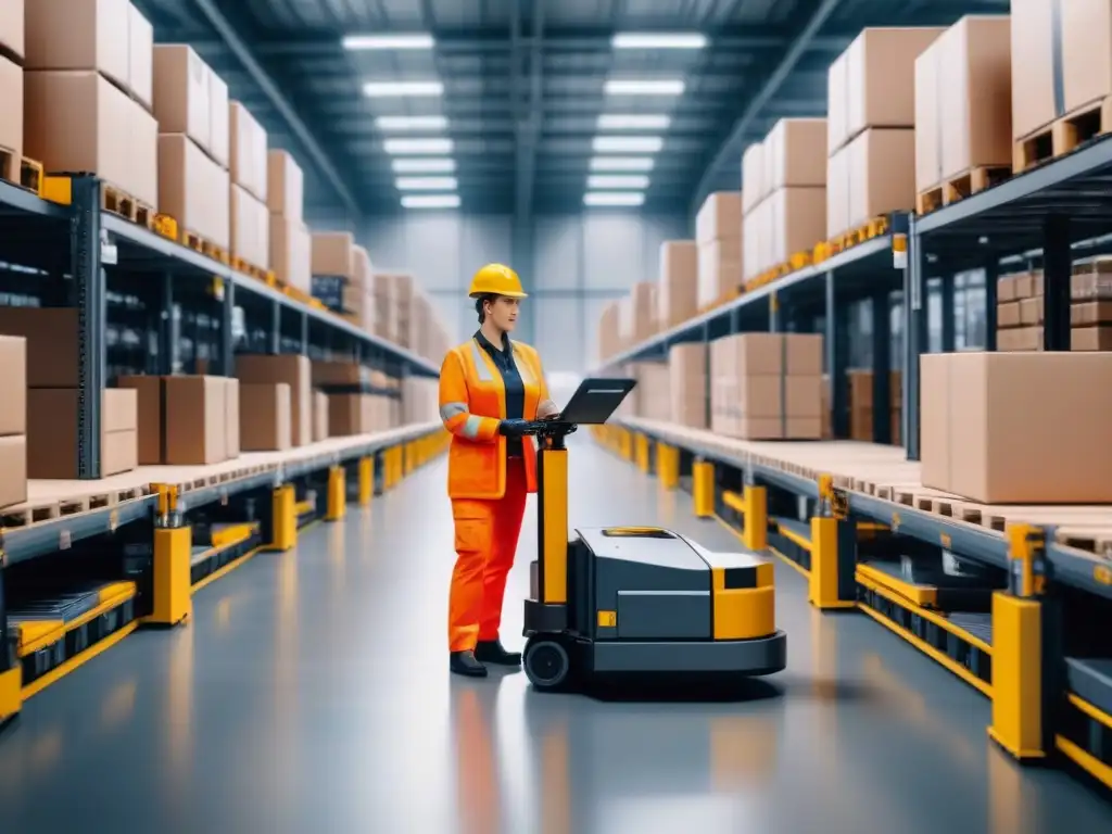 Almacén automatizado del futuro: eficiencia y precisión en logística Vista impactante de una automatización en almacenes logísticos con robots y tecnología avanzada