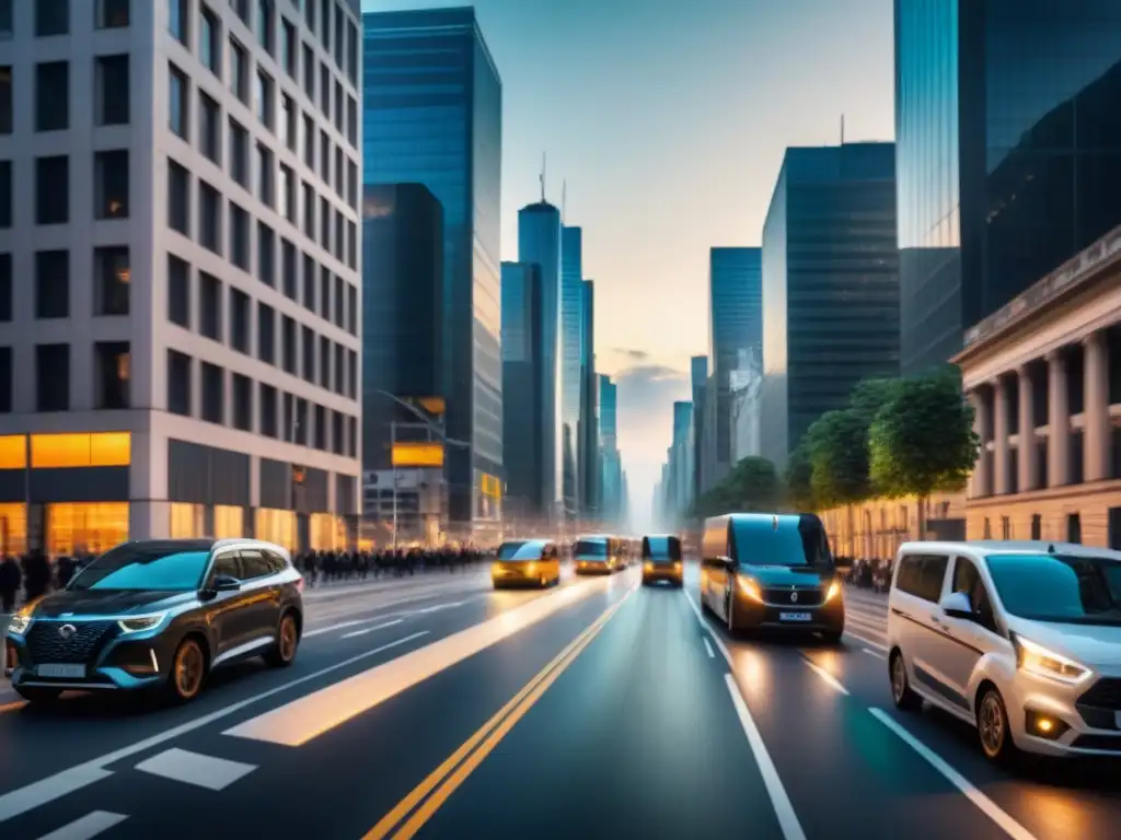 Escena urbana con GPS: transporte moderno en acción Vista urbana con vehículos equipados con GPS, reflejando avances en seguimiento GPS en transporte logístico