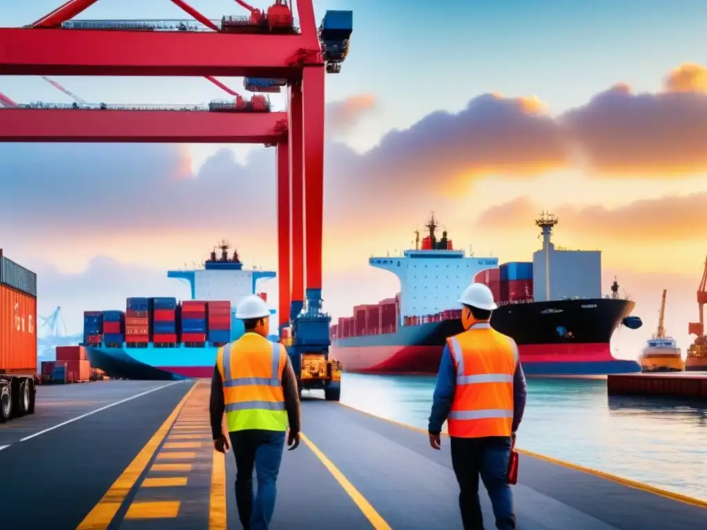 Operaciones logísticas en puerto: movimiento global de carga Un vital puerto internacional en plena actividad logística con soluciones de outsourcing