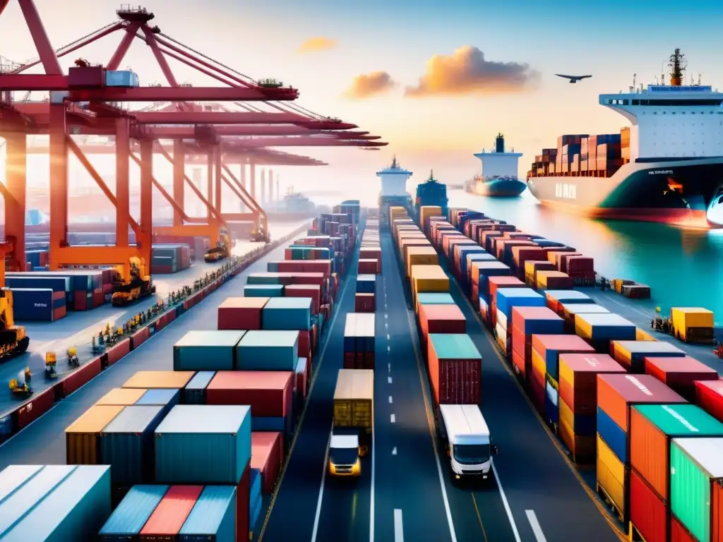 Zona franca internacional: comercio global en acción Zona Franca para Importación/Exportación: Un bullicioso y diverso hub comercial internacional con actividades de comercio y seguridad avanzada